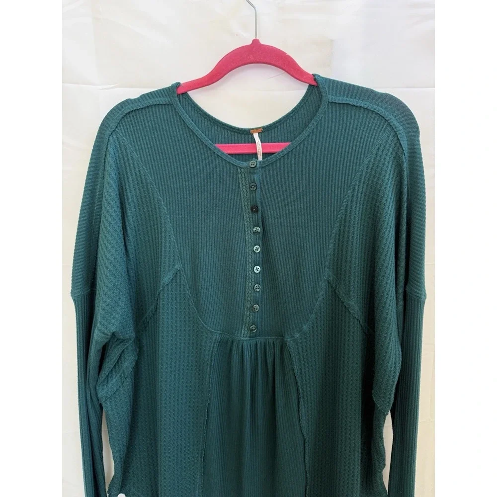 Free People White Mixed‎ Knit Henley Thermal Long Sleeve Top Aqua Size S